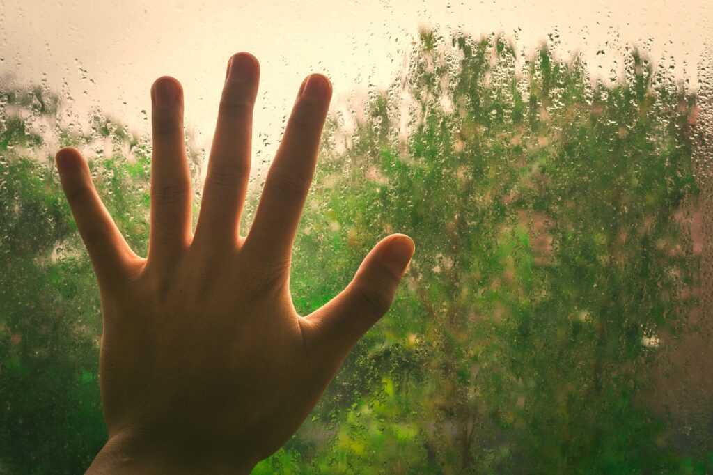 Hand on wet windows with green tree background-