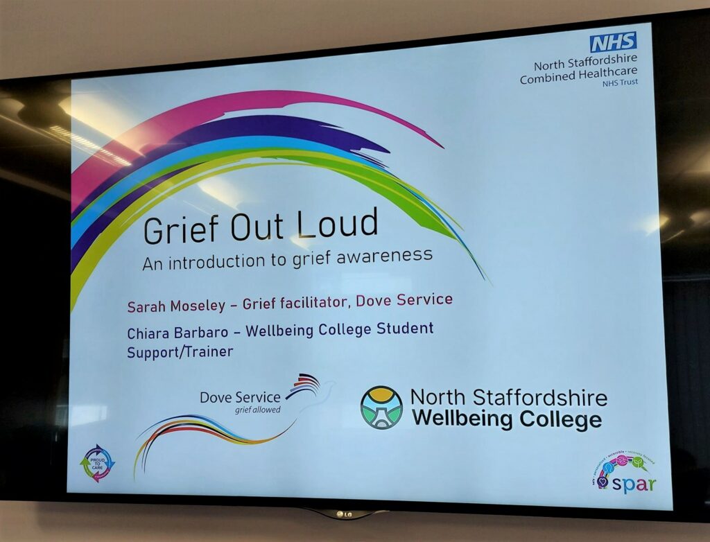 Grief Out Loud PowerPoint presentation with facilitators names. Sarah Moseley, grief facilitator, and Chiara Barbaro, Student support