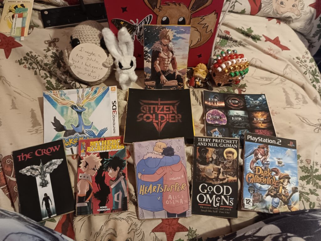 books, plushies, videogames